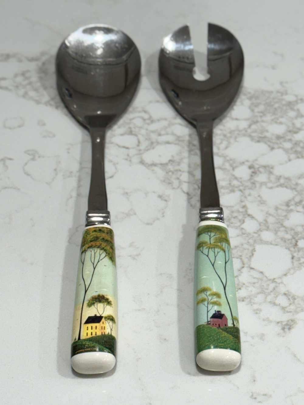 Vintage Warren Kimble Boston Warehouse Folk Art Ceramic Handle Salad Server Set